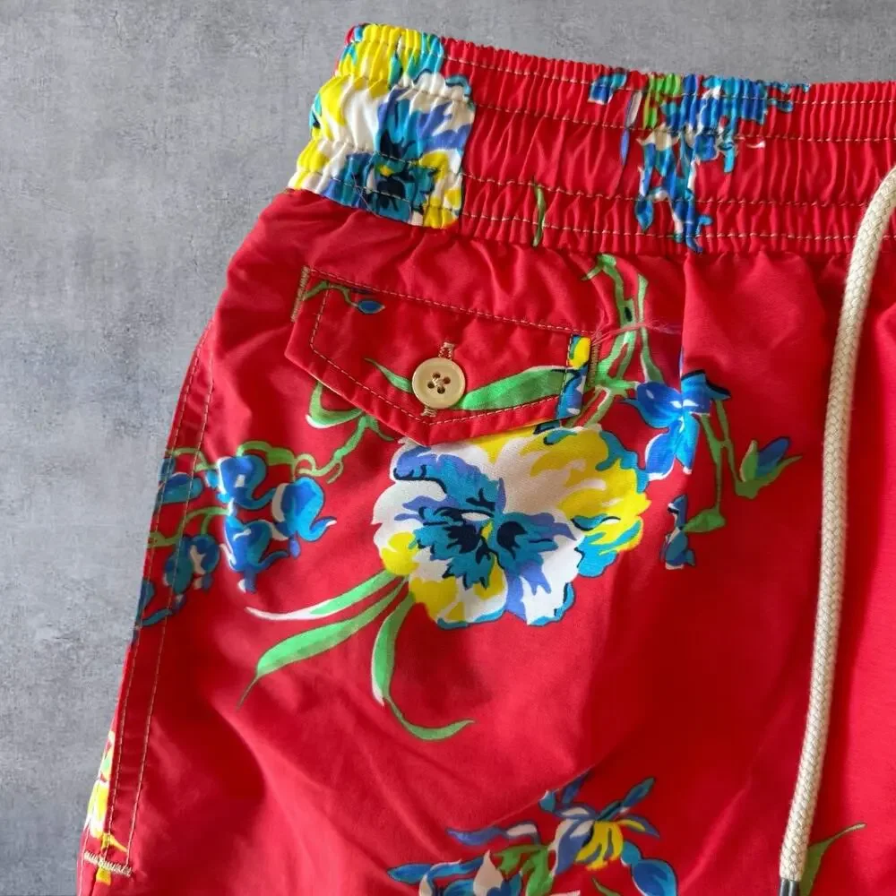 Vintage 90s Polo Ralph Lauren Swim Trunks Shorts Mens Medium M Red Floral Hawaii